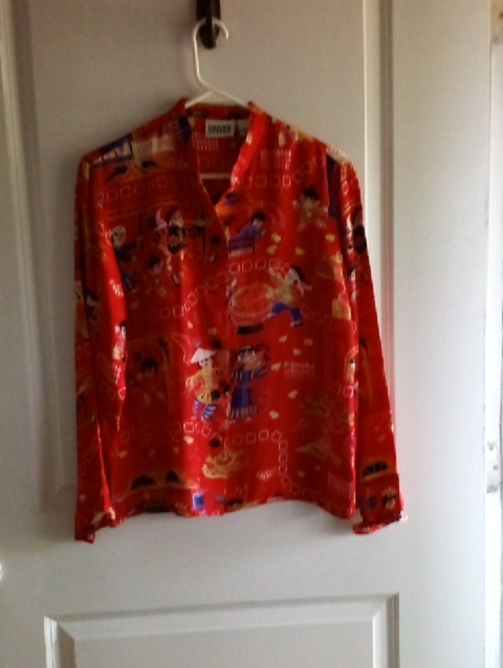VintageChico's Red Long Sleeve Button Down Shirt with Multicolor Print 100% Silk